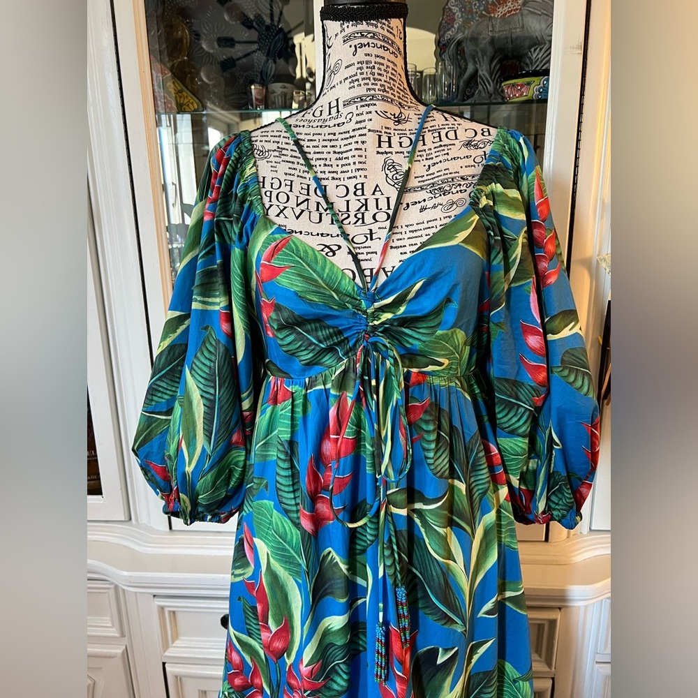FARM Rio Blue and Green Tropical Print Balloon Sleeves Maxi Dress S - Picture 2 of 16
